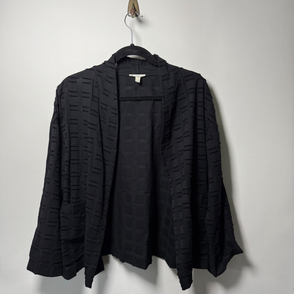 Eileen Fisher Jacket Womens L Black Organic Cotton Shadow Square Kimono